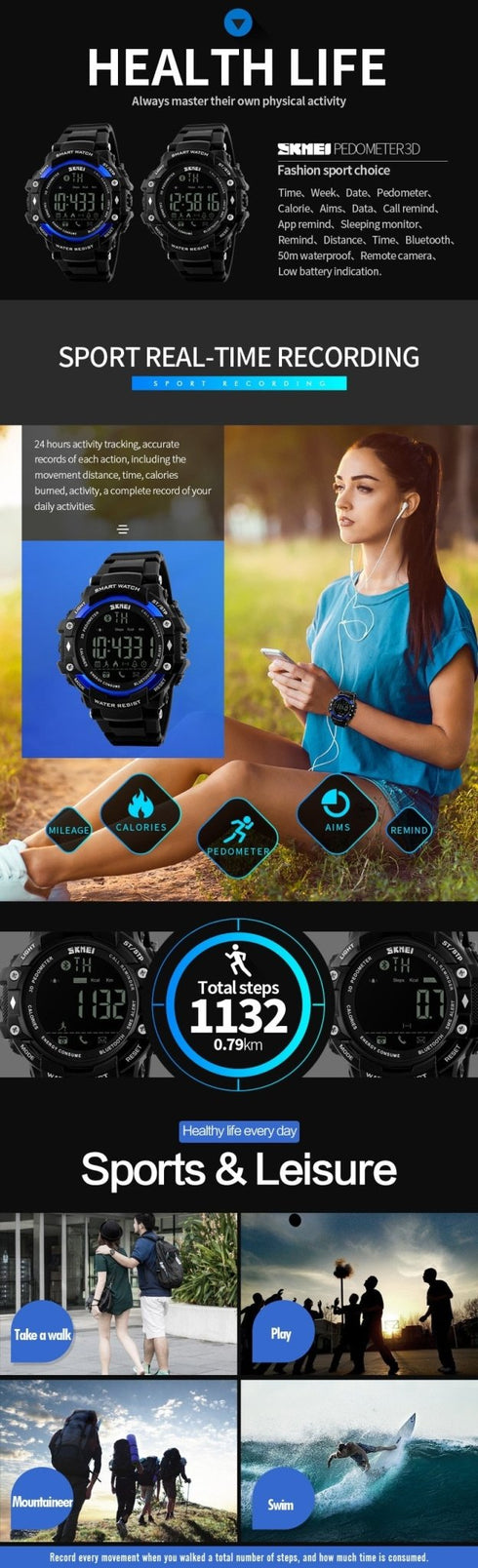SKMEI 1226 Waterproof  Alarm Bluetooth Sports Watch
